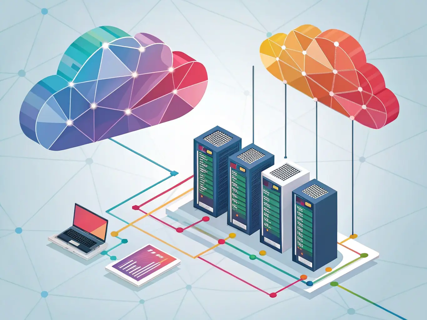 A visual representation of cloud infrastructure, highlighting servers, networks, and data pipelines, symbolizing Bruma's expertise in platform and cloud solutions.