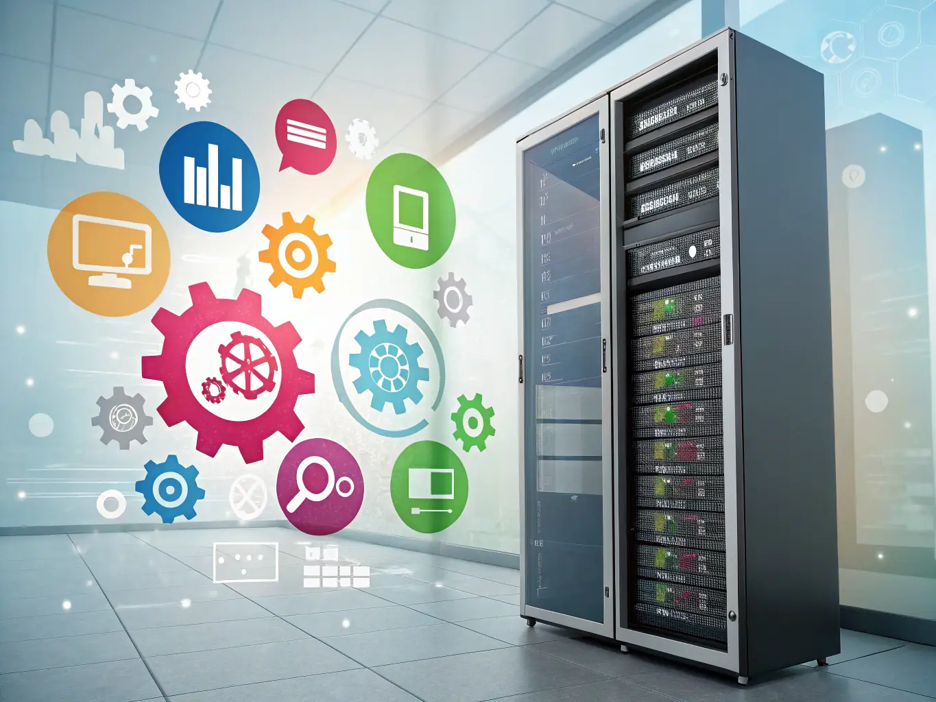 A digital illustration of interconnected servers and code snippets, symbolizing the engineering aspect of Bruma's full-stack approach.