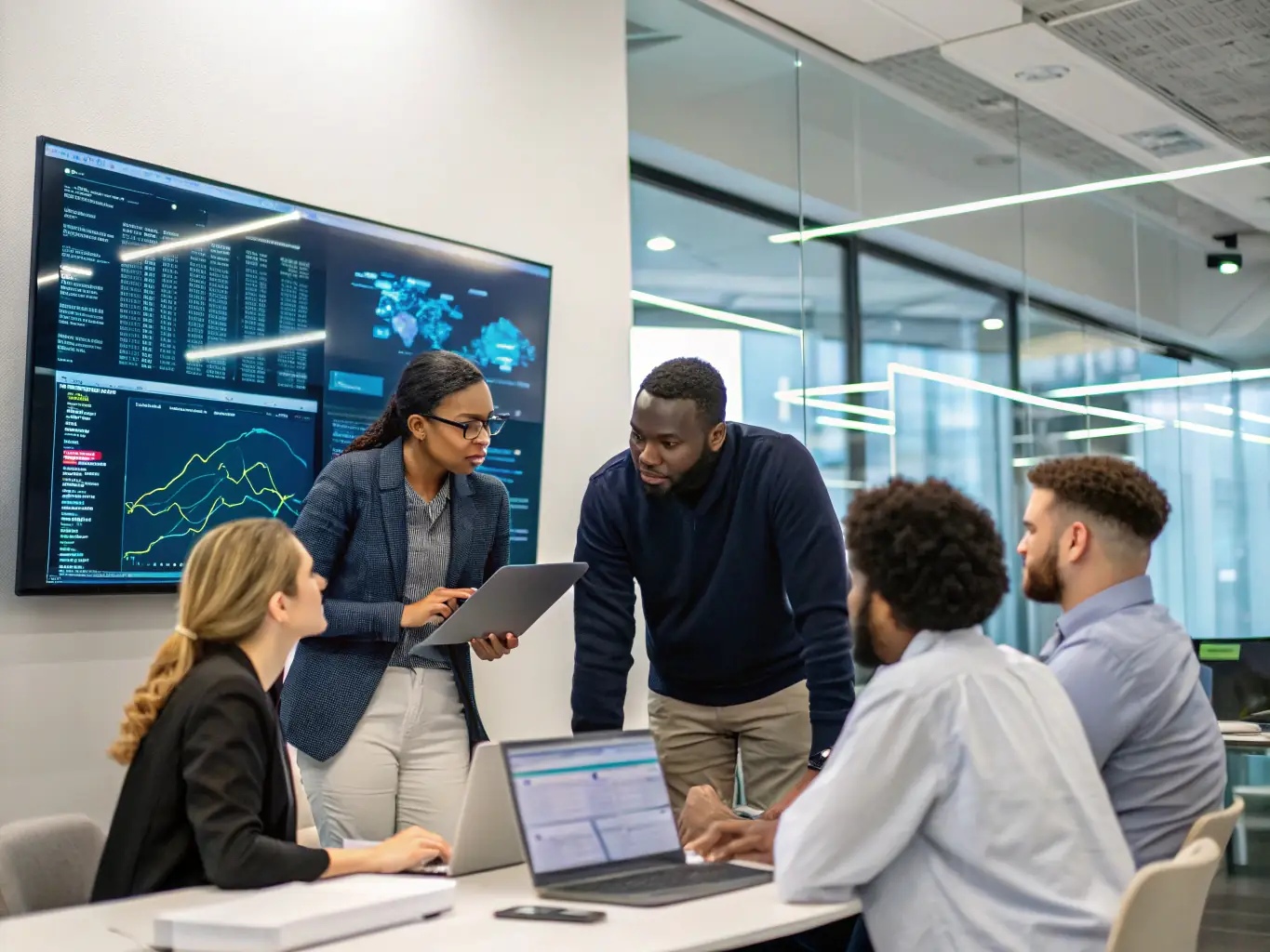 A diverse team of data scientists and engineers collaborating on a complex data model visualization on a large interactive screen, showcasing Bruma's expertise in data analytics and machine learning.